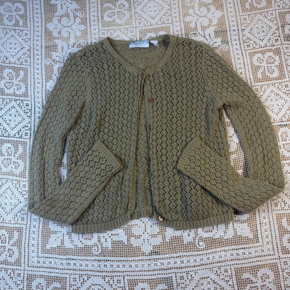 Old Navy Vtg Knit Cardigan Sweater Olive Green Cotton Blend L Cottagecoe fall